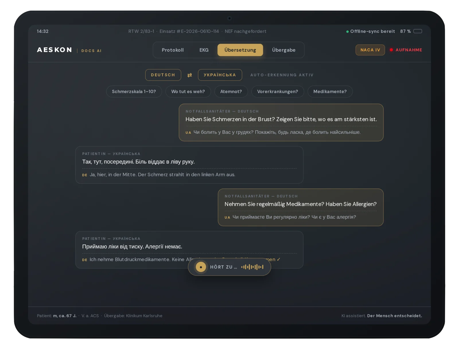 AESKONdocs AI Live-Übersetzung Deutsch–Ukrainisch für die Patientenkommunikation.