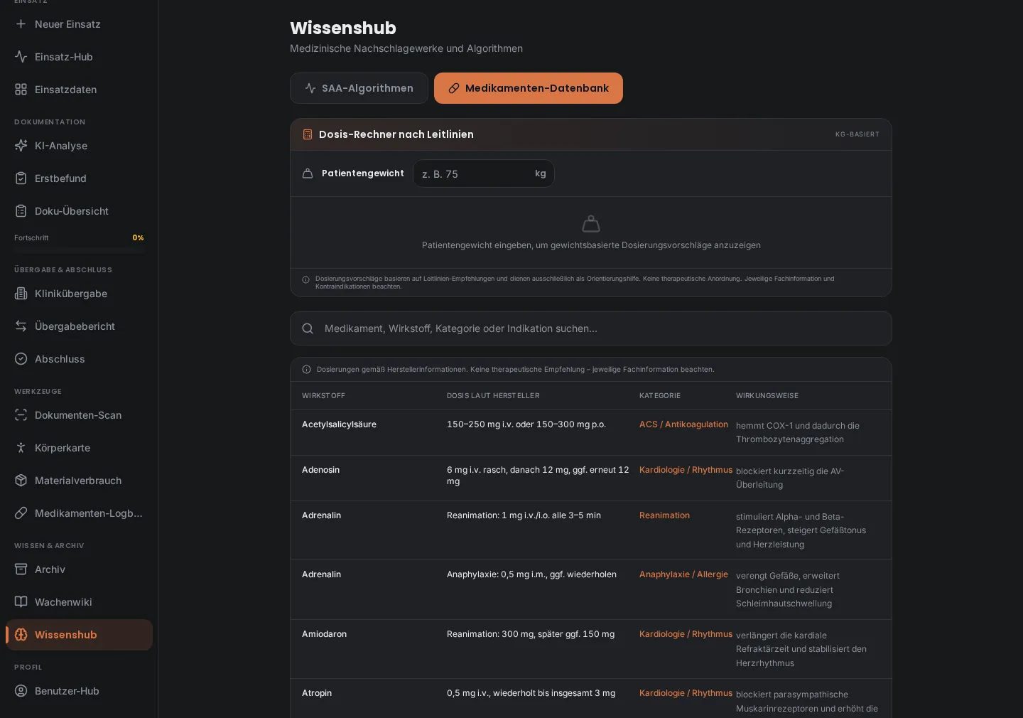 Wissenshub mit SAA-Algorithmen, Medikamenten-Datenbank und Dosisrechner