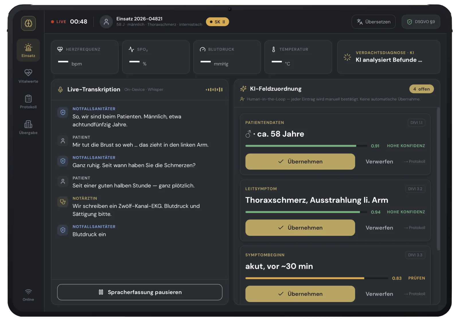 AESKONdocs AI Einsatzprotokoll nach DIVI MIND 4.0 mit NACA-Score und SAMPLER-Anamnese; KI-Vorschläge sind klar als solche markiert.