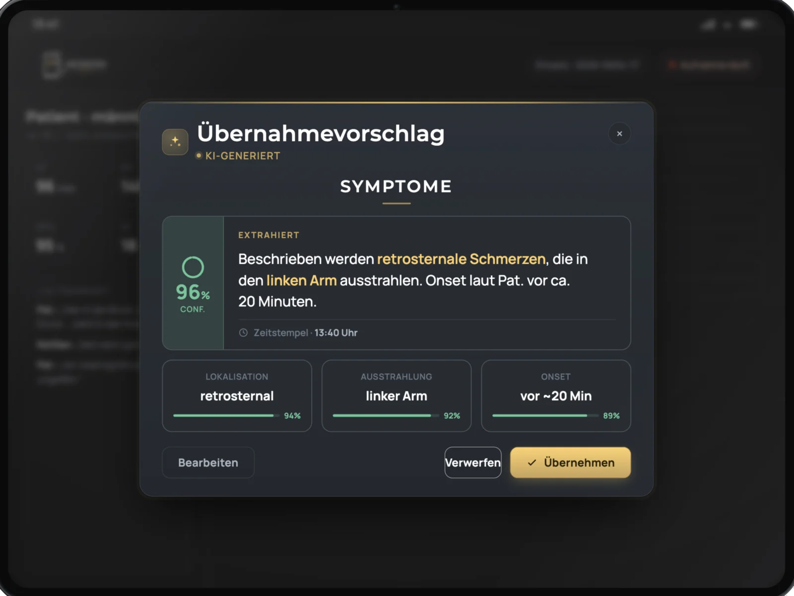 AESKONdocs AI Bestätigungsansicht: Ein KI-Vorschlag zur Übernahme wird erst nach manueller Prüfung und aktiver Freigabe durch das Team zum Protokolleintrag.